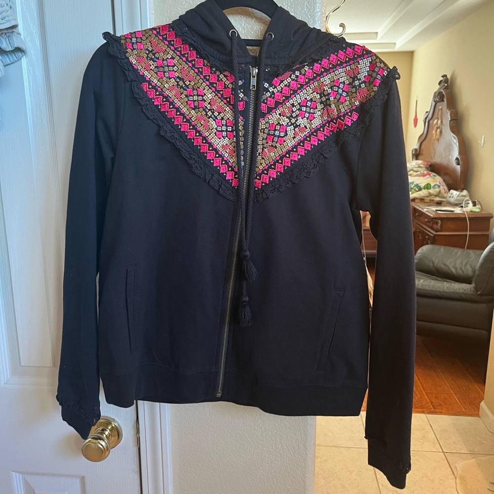 Anthropologie Akemi + Kin Black Embroidered Beaded Black Zip Up Hoodie S